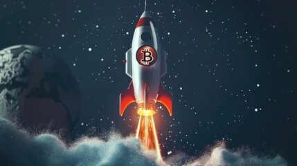 A rocket with the Bitcoin logo written on it soaring through the sky, suitable for use in financial or tech-related contexts