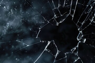 A close-up of a broken glass window on a black background