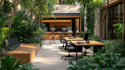 An outdoor coworking space with modern desks, comfortable seating, and lush greenery surrounding the area, offering a serene, natural workspace without any people in the image.