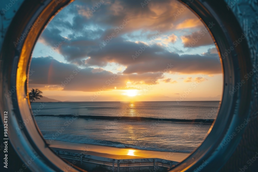 Poster a circular window framing a stunning ocean view