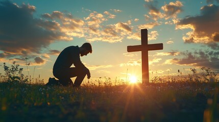 Silhouette Man Kneeling In Prayer By Wooden Cross At Sunset, Peaceful Countryside Meadow.