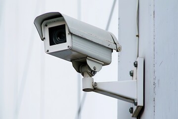 Security camera mounted on a building exterior for surveillance purposes