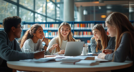 Diverse Group of Students Collaborating on a Project in a Modern Library. Young Men and Women Using Laptops and Books, Engaging in Group Discussion and Learning Together.