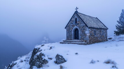 A small stone-built chapel on a snowy hillside, its structure providing a spiritual and physical haven from the winter's harshness