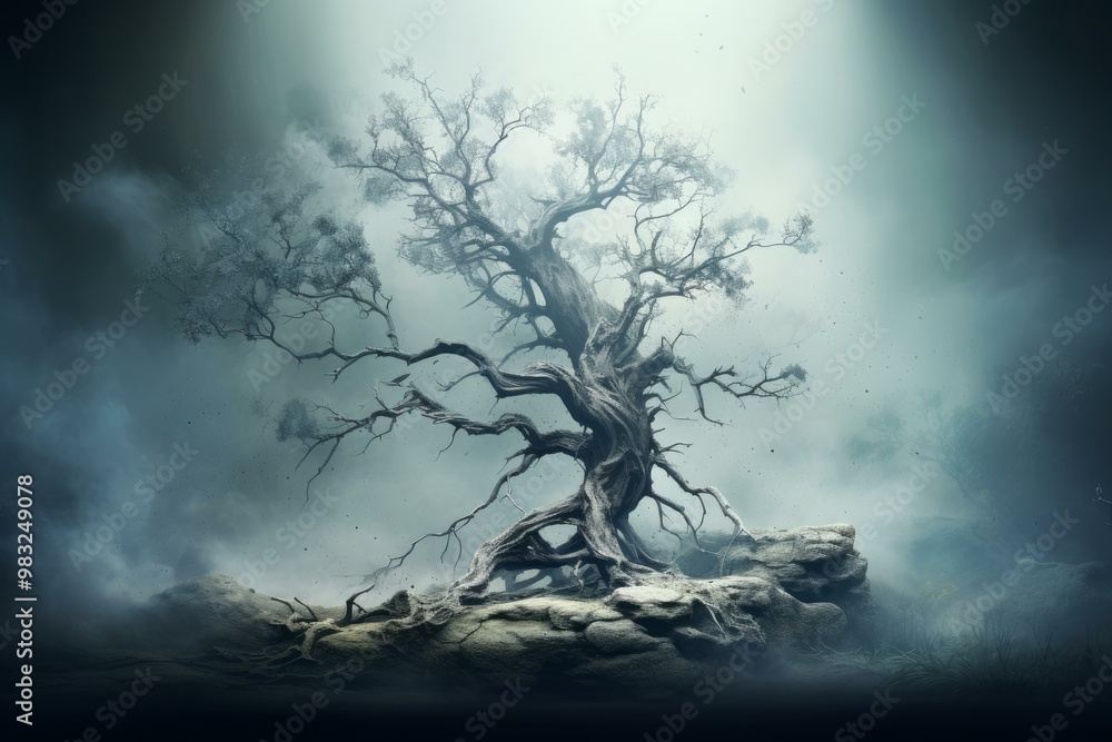 Poster mystical ancient tree stands alone under a moody moonlit sky, enveloped in atmospheric mist