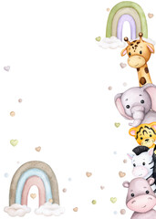 Cute Safari Animals. Kids Toys. Watercolor frame, banner, background for birthday, gender party, baby shower, children's party. Vertical card, poster, invitation, greeting card..