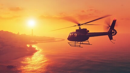 Helicopter Flying Over Ocean at Sunset