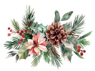 Fototapeta premium Beautiful watercolor illustration of a festive Christmas arrangement with flowers and pine cones