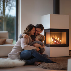Couple with child hugging in front of fireplace in modern living room