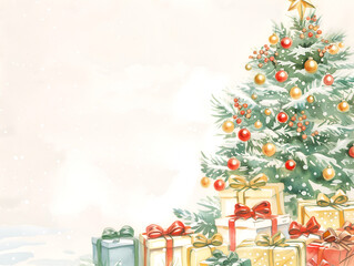 Watercolor illustration of a decorated Christmas tree with gifts and festive ornaments