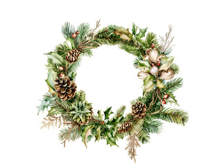 Beautiful watercolor Christmas wreath with pinecones, holly, and greenery for holiday cheer