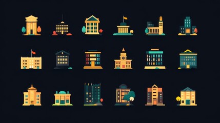 Obraz premium Colorful City Building Icons Set on Dark Background
