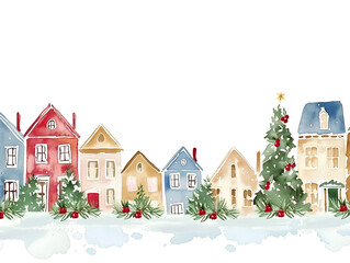 Charming watercolor illustration of cozy houses and a festive tree during the Christmas season