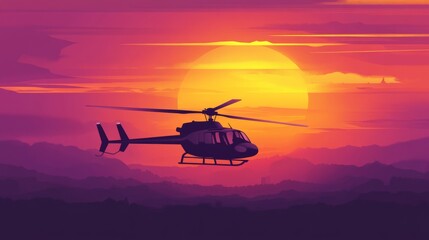 Helicopter Silhouette Against Vibrant Sunset Sky