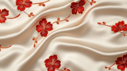 Red Floral Pattern on Beige Silk Fabric