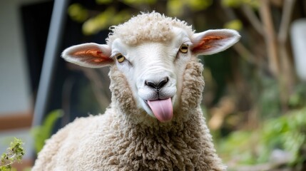 Obraz premium Playful Sheep with Tongue Out