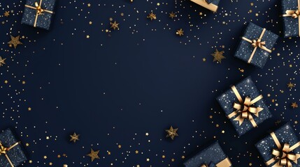 illustration of blue gifts with golden bows and ribbons placed on blue background near stars