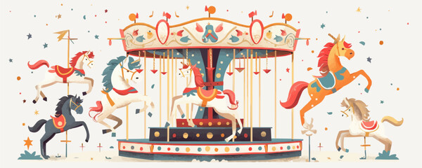 Whimsical carousel with ornate horses and music Vector flat minimalistic isolated illustration