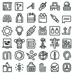 Professional And Minimalist Icons, Creative Tools, Line art, flat, 2d, black and white, white background stylize 50