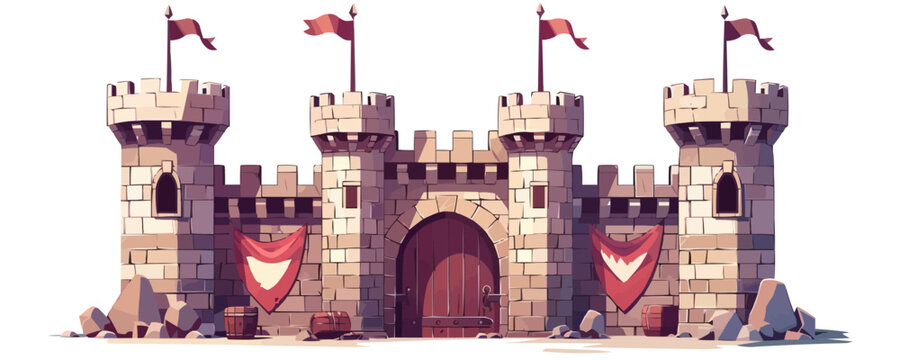Medieval castle gatehouse with portcullis and banners Vector flat minimalistic isolated illustration