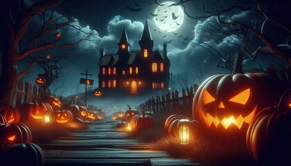 Halloween background with pumpkins and haunted house - 3D render. Halloween background with Evil Pumpkin. Spooky scary dark Night forrest. Holiday event halloween banner background concept