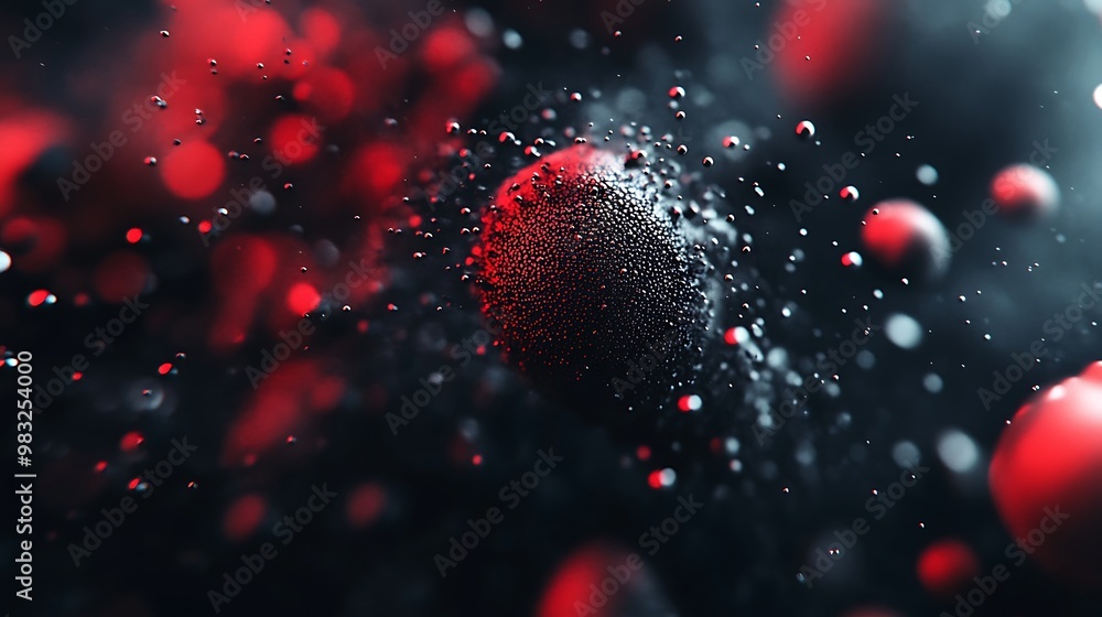 Poster abstract red and black spheres with water drops in motion, creating a futuristic and dynamic scene.