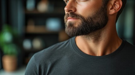 Fototapeta premium Thoughtful man with a well-groomed beard stands indoors, showcasing a modern atmosphere filled with plants