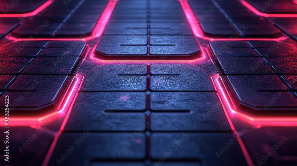 Poster a visually striking floor features glowing neon lines and dark tiles, creating a high-tech atmospher