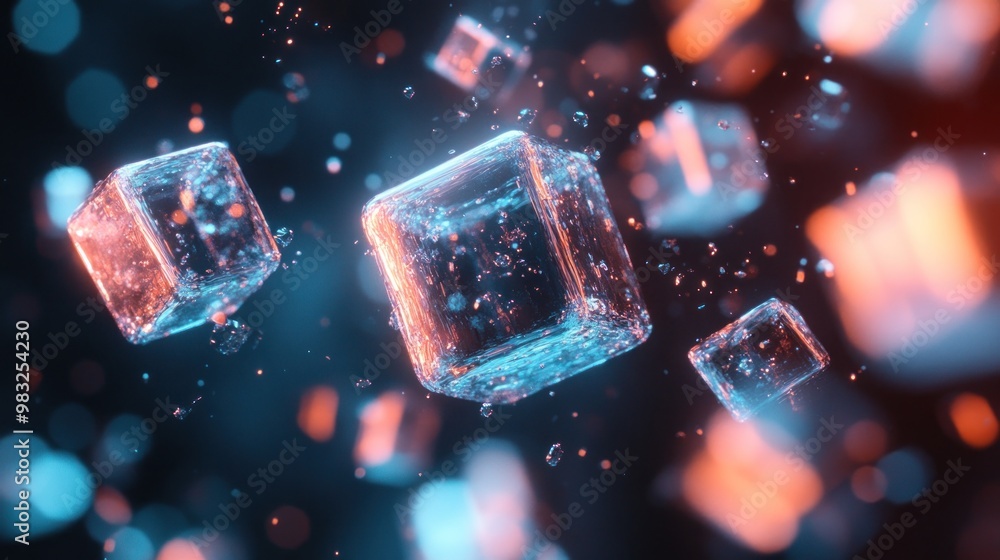 Poster vibrant ice cubes drift among luminous particles in a dark environment, creating a surreal visual ef