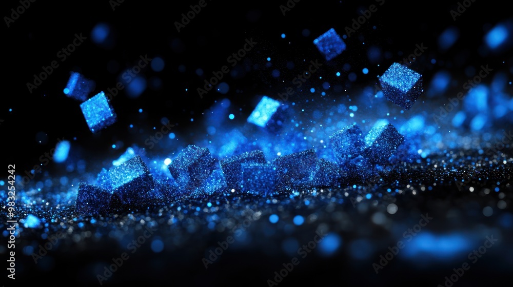 Poster luminous blue crystals float above a sparkling ground, creating a magical atmosphere in the dark spa