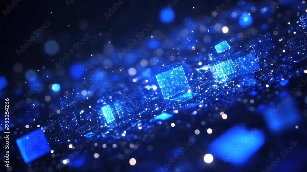Poster a captivating display of blue glowing cubes surrounded by shimmering particles, creating a vibrant d