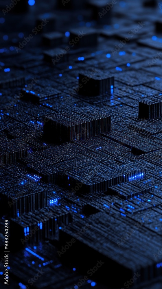 Poster a close-up view of a complex circuit board with glowing blue elements, highlighting advanced technol