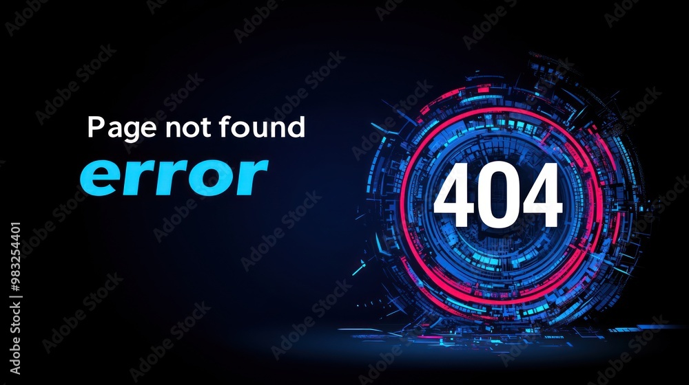 Aufkleber a digital graphic shows a 404 error message with vibrant colors and a high-tech look against a dark 