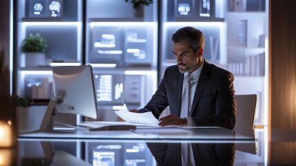 Professional Man Working Late at Office Desk