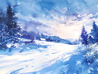 Winter landscape featuring snow-covered fields and trees under a pastel sky at sunset