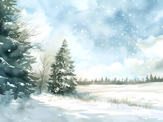 Fototapeta premium A serene watercolor winter landscape featuring trees, snow, and a cloudy sky in a tranquil setting