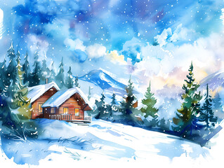 Fototapeta premium Tranquil winter landscape with a cozy wooden cabin and snow-covered mountains at sunset