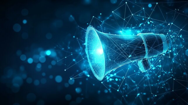 Digital Megaphone On Blue Tech Background. Abstract Symbol In Lines, Connected Dots, Triangles.