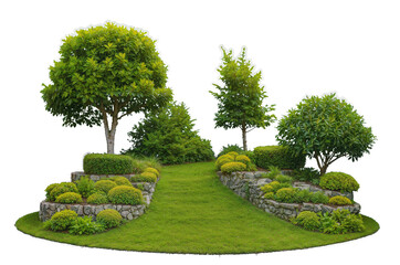 Green park botanical garden with sculpted trees, stone-edged terraces, and manicured bushes isolated on transparent background, perfect for botanical gardening, landscape design. Generative AI