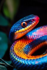 Fototapeta premium Close up of a vibrant blue, yellow and red snake in a jungle setting