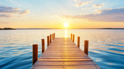 Fototapeta premium Serene wooden dock extending over calm water at sunset on a warm evening, surrounded by nature in a tranquil environment