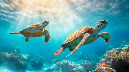 Obraz premium Two sea turtles swim gracefully through a vibrant coral reef under shimmering sunlight in a tropical ocean