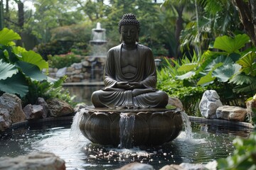 Serene Buddha Statue in Tranquil Garden with Water Fountain