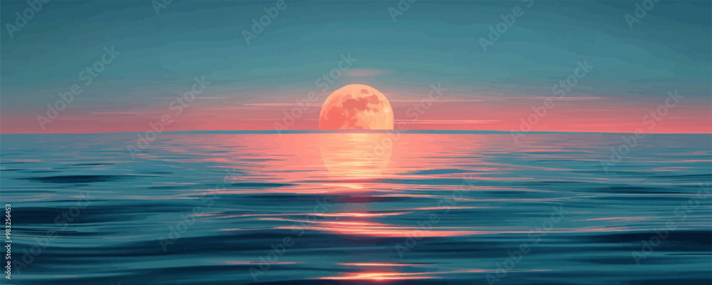 Aufkleber full moon casting a soft glow on a calm ocean. vector flat minimalistic isolated illustration.