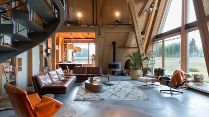 Fototapeta premium Cozy and Inviting Modern Loft Interior with Scenic Winter Landscape View