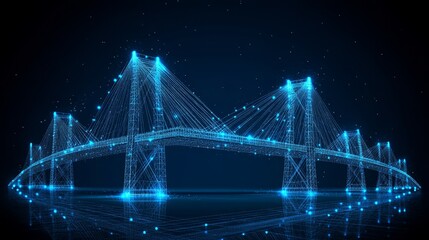 Obraz premium Futuristic Digital Bridge On Blue Background, Abstract Structure With Lines, Dots And Triangles
