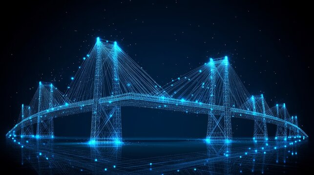 Futuristic Digital Bridge On Blue Background, Abstract Structure With Lines, Dots And Triangles - Powered by Adobe