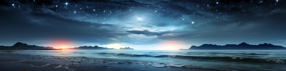Obraz premium Seascape, blue ocean and starry sky above it