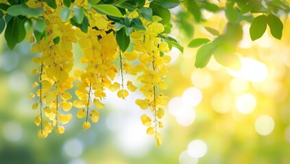 Fototapeta premium Clusters of bright yellow flowers dangle from lush green leaves, illuminated by warm sunlight in a serene garden