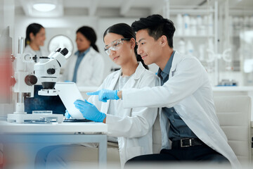 Research team, tablet and science in lab for healthcare, medicine development and innovation....